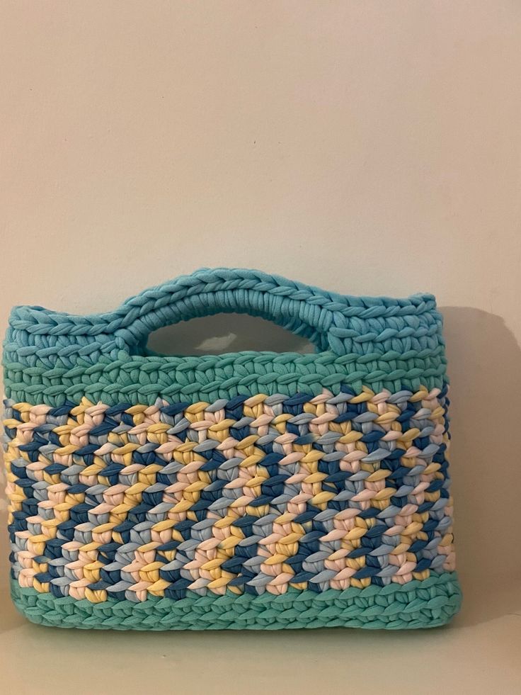 handbag is 100% handmade , made of  polyester yarn , it means that handbag is soft and light 💙☺️😊 This bag will look good any season  of year.  I hope the future owner of this bag loves it as much as I loved making it ❤️ Dimensions    Length:25 cm   height: 20cm    it's lined ✨  a perfect gift or a delightful treat for yourself ✨✨ Do not wash , clean it carefully with a damp sponge 🧽  For your different colour choice , please contact me 🥰😉 Note that actual colours may vary due to different Tote Crochet Bag, Tote Crochet, Summer Handbag, Knitted Bag, Summer Handbags, Crochet Summer, Polyester Yarn, Summer Crochet, Woven Bag