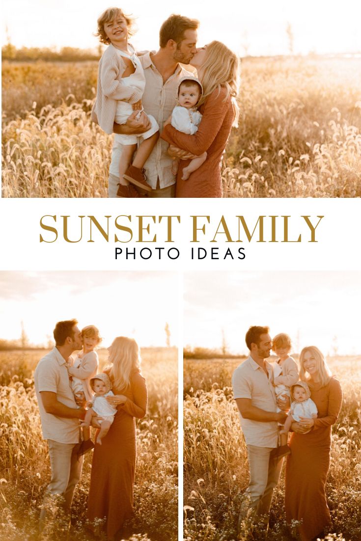 the family is posing for their photo session in an open field with tall grass and flowers