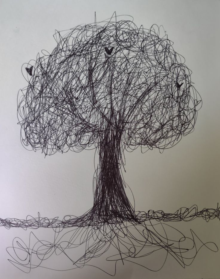 a drawing of a tree with birds sitting on it's branches in the middle