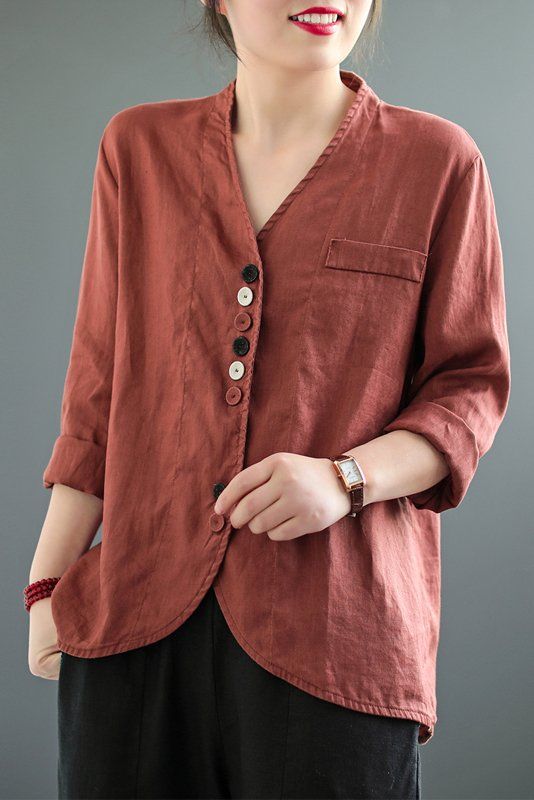 Plus Size-Women's Solid Color Cotton Linen Short Coat Long Sleeve Cardigan Material: Cotton Linen Collar: V-neck Pattern: Solid Color Highlight: Single Breasted Season: Spring. Fall Casual Cardigan For Office, Spring Office Cardigan With Buttons, Red Long Sleeve Blouse With Pockets, Red V-neck Outerwear With Button Closure, Red V-neck Summer Outerwear, Red Buttoned Cardigan For Spring, V-neck Blouse With Pockets For Fall, V-neck Cardigan For Office, V-neck Spring Outerwear With Button Cuffs