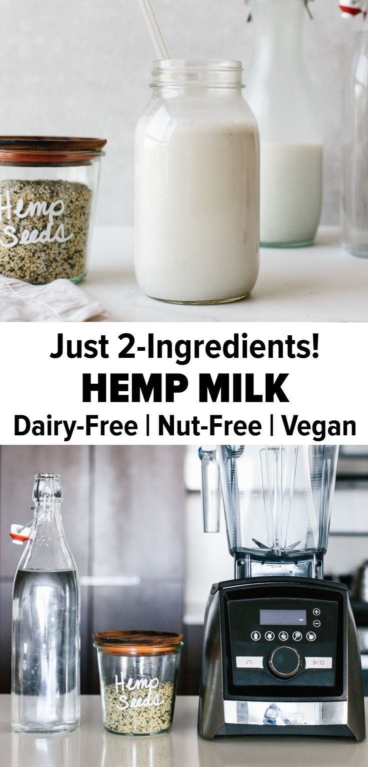 the ingredients to make homemade hemp milk are shown in this collage with text that reads just 2 ingredients hemp milk dairy - free, nut - free and vegan