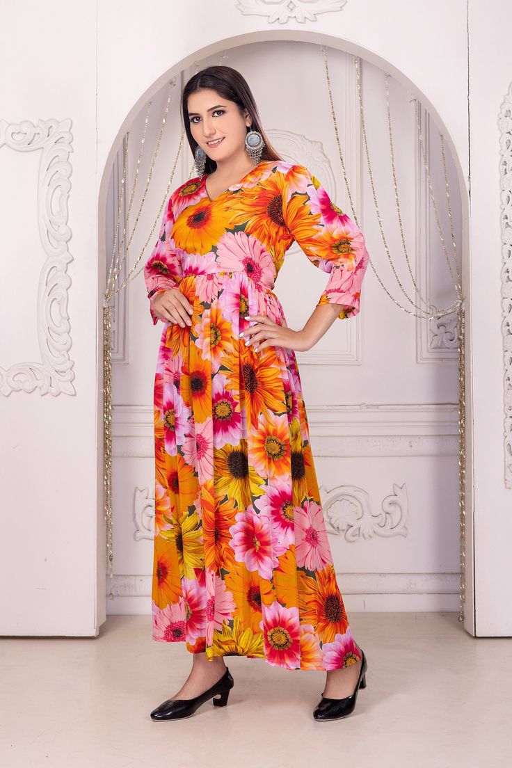 Indulge in timeless elegance with our flower print silk dress for women. Crafted from luxurious silk, this dress features a delicate floral pattern that exudes grace and sophistication. Perfect for any special occasion, it offers a flattering silhouette and a touch of feminine charm that will make you feel effortlessly beautiful. FABRIC :- 100% Silk (NON SHEER) Size :- (Medium To 2XL) * Regular Dress Length 55" from shoulder to hem CARE * Hand washing recommended * Gentle machine wash SHIPPING * Multicolor Silk A-line Maxi Dress, Spring Silk A-line Gown, Festive A-line Silk Dress, Pink A-line Maxi Dress With Floral Print, Spring A-line Silk Gown, Spring Floral Print V-neck Gown, Feminine Flowy Silk Maxi Dress, Elegant Floral Print Silk Party Dress, Elegant Silk Dress With Floral Print For Party