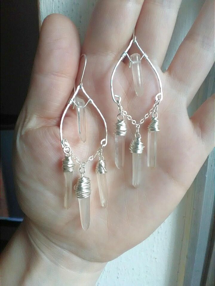 "I designed these for my friend's super boho chic wedding and they were so gorgeous I added them to my line! Hand formed and hammered for gorgeous texture, in a super elegant shape, with wrapped raw crystal points. These are actually lightweight! The bride was pleasantly surprised :) Measure approximately 3 1/2\" -4\" long. Excellent for sensitive ears! Lead and Nickel free. Come packaged in a gift box. ~M A T E R I A L S ~ Choose from- * 925 Sterling silver *14k Gold fill *14k Rose gold fill ** Bohemian Dangle Crystal Earrings For Wedding, Bohemian Crystal Drop Earrings For Wedding, Bohemian Sterling Silver Wire Wrapped Chandelier Earrings, Wire Wrapped Crystal Dangle Earrings For Wedding, Wire Wrapped Crystal Drop Earrings For Wedding, Bohemian Crystal Drop Earrings, Nickel-free Bohemian Sterling Silver Crystal Earrings, Bohemian Sterling Silver Crystal Earrings Nickel Free, Wedding Crystal Dangle Earrings Wire Wrapped