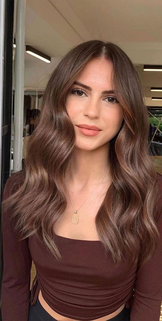 Brown Hair Colors One Color, Light Chocolate Blonde Hair, Brown Coffee Hair Color, Dark Brown Eye Hair Color Ideas, Full Head Hair Color Ideas, Muted Hair Color For Brunettes, Medium Solid Brown Hair, Medium Mocha Brown Hair Color, Coffee Caramel Hair Color