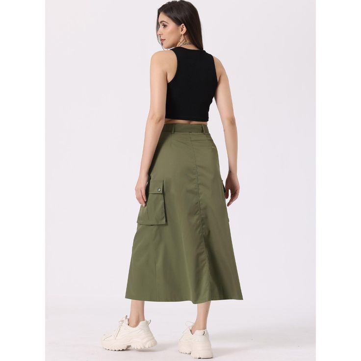 The long cargo skirt pockets and tie waist ends add elegant to the overall look, while the ruched detailing adds a touch of elegance. Whether you're going to a club, a party, or just hanging out with friends, these cargo skirts long are versatile enough to suit any occasion. Y2K cargo skirts for women are designed with functional pockets, you no longer have to flip your bags! Pair them with a crop top, tank top, or a stylish shirt for a chic and fashionable look. Spring Cargo Skirt With Cargo Pockets, Spring Cargo Pocket Skirt, High Waist Cargo Skirt With Side Pockets, Utility High Waist Cargo Skirt With Side Pockets, Relaxed Cargo Style Skirt For Work, High Waist Maxi Skirt With Pockets, Casual Long Cargo Skirt With Side Pockets, High Waist Solid Skirt With Side Pockets, Solid High Waist Skirt With Side Pockets