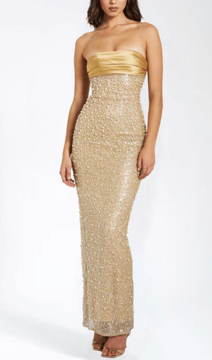 This stunning gold satin maxi dress is adorned with intricate sequins and delicate pearls, creating a truly luxurious and exclusive piece. Its flowing silhouette and exquisite detailing make it the perfect choice for any glamorous occasion. Elevate your wardrobe with this opulent dress. Materials: Sequin & Pearl Beaded Fabric / Double Duchess Satin Length from underarm: Approx 52 inch / 132 cm Stretch Factor: Non Stretch Clean: Dry-clean only Colour may vary due to lighting on images. The produc Golden Birthday Outfit Women, Pearl Prom Dress, Sparkly Gold Dress, Gold Prom Dress, Spring Dance, 18th Bday, Gold Maxi Dress, School Dance Dresses, Birthday Outfit For Women