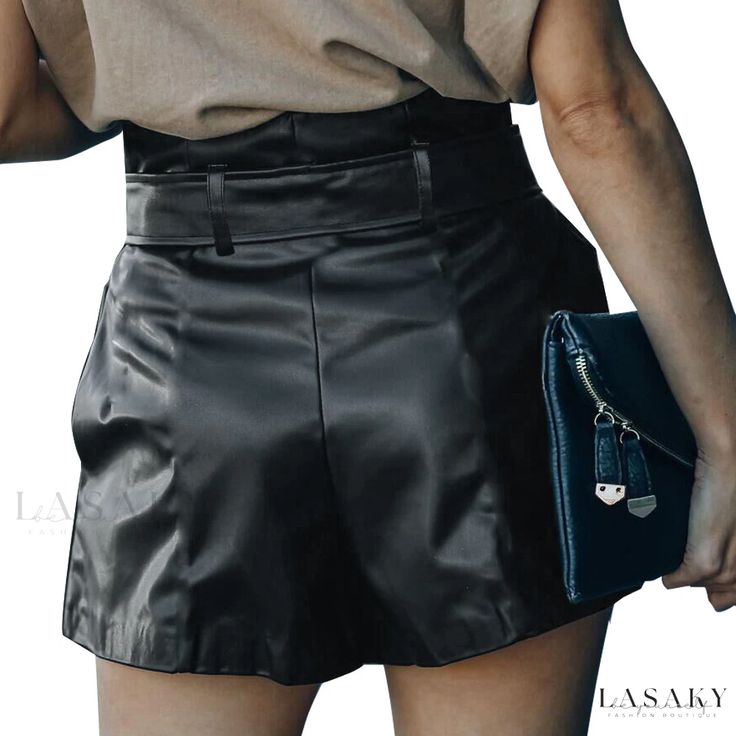 Lasaky - Versatile High-Waisted Short Leather Pants for Chic Contouring Chic High-waisted Solid Color Shorts, Chic High-waisted Shorts In Solid Color, Chic High Waisted Shorts With Waistband, Chic High Waist Shorts With Waistband, Chic High Waist Shorts, Fitted Belted High-waisted Shorts, Casual Bottoms With Belt For Night Out, Summer Night Out Belted Bottoms, Elegant Short Length Solid Color Bottoms