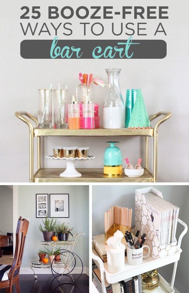 some shelves with different items on them and the words 25 booze free ways to use a bar cart