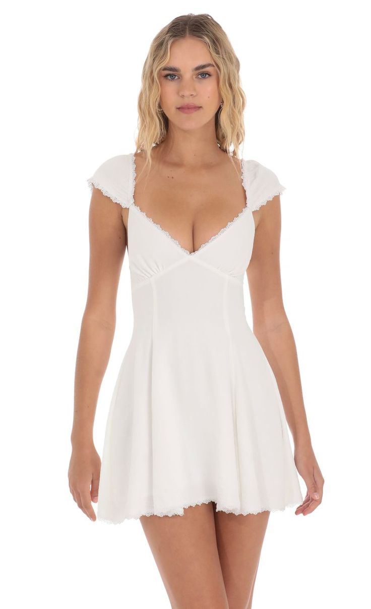 Lace Trim Cap Sleeve Dress in White | LUCY IN THE SKY White Mini Dress With Sweetheart Neckline And Back Zipper, White Mini Dress With Back Zipper For Beach, White V-neck Mini Dress With Back Zipper, Summer Mini Dress With Zipper Closure, Fitted Beach Dress With Back Zipper, Fitted Mini Dress With Zipper Closure For Summer, Chic White Mini Dress With Zipper Closure, Spring Stretch Mini Dress With Invisible Zipper, Stretch Summer Dresses With Zipper Closure