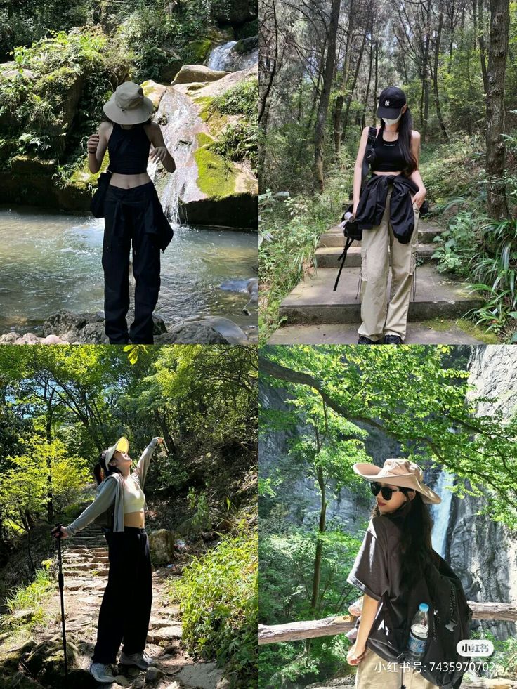 people walking up and down steps in the woods with backpacks on their backs, while one woman is wearing a hat