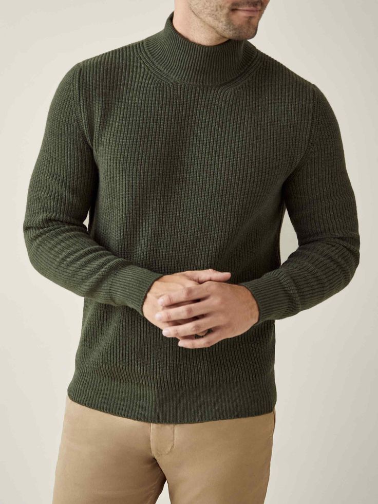 Hunting Green Chunky Knit Cashmere Mock Neck Classic Knit Turtleneck Sweater, Classic Knit Turtleneck, Classic Fine Knit Funnel Neck Sweater, Merino Wool Sweater With Funnel Neck And Ribbed Collar, Merino Wool Sweater With Ribbed Funnel Neck, Wool Turtleneck Sweater With Ribbed Collar, Classic Knit Turtleneck With Ribbed Cuffs, Cashmere Ribbed Funnel Neck Sweater, Ribbed Funnel Neck Cashmere Sweater