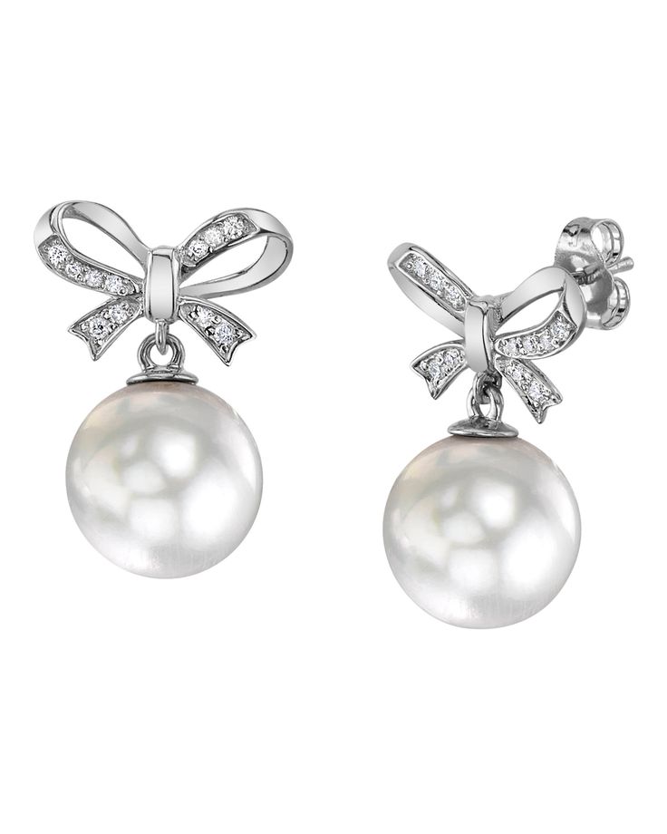 These fine pearl earrings feature 10mm high-quality South Sea pearls, handpicked for their incredible luster and overtones. The pearls are mounted on the finest 14K gold with .125 carats of dazzling SI clarity diamonds. These earrings come packaged in a beautiful jewelry gift box, perfect for gifting. Formal Pearl Drop Earrings With Bow, Formal Bow Drop Pearl Earrings, Luxury Pearl Embellished Earrings For Formal Occasions, Formal Pearl Earrings With Bow Detail, Formal Pearl Earrings With Bow, Elegant White Gold Earrings With Bow, Classic Bow Earrings For Anniversary, Formal Pearl Jewelry With Bow, Elegant Formal Earrings With Bow