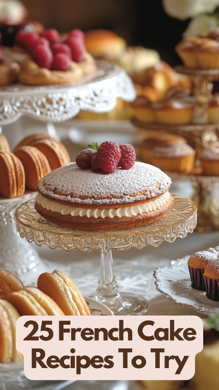 A variety of beautifully presented French cakes, including Madeleines and Opera cake, arranged on a table, showcasing their delicate flavors and classic elegance. French Vanilla Desserts, Wow Desserts Beautiful, French Entremet Desserts, Victorian Savoy Cake, French Cream Cake, European Cakes And Tortes, Canales Pastry, Healthy French Desserts, French Silk Cake