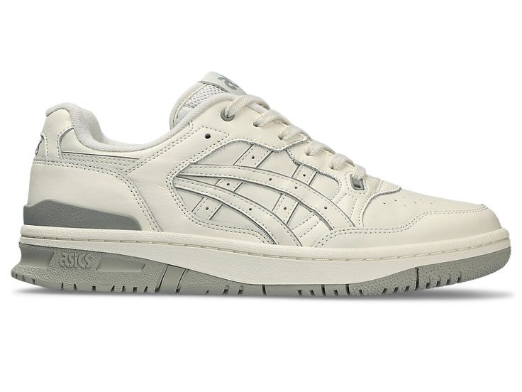 the asics shoes are white and grey