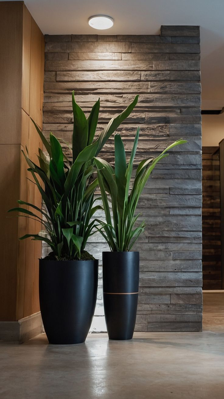 two large potted plants sitting in front of a stone wall with lights on it