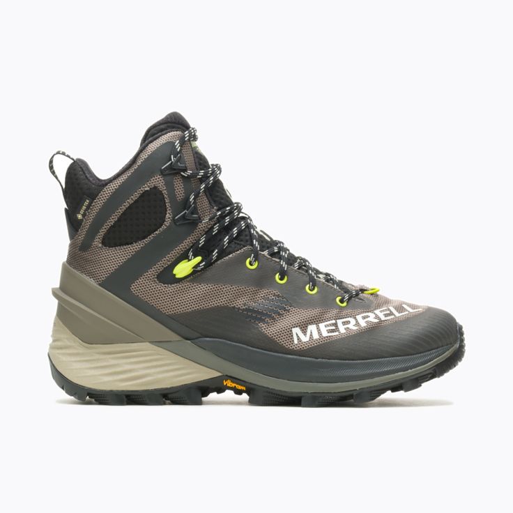 the merrella hiking shoe is shown in grey and yellow