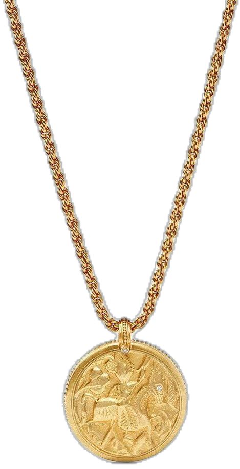 Luxury Round Coin Necklace With Adjustable Chain, Gold-tone Round Medallion Necklace With Coin Pendant, Luxury Chain Necklace With Coin Pendant, Luxury Round Chain Necklace With Coin Pendant, Gold Medallion Chain Necklace With Large Pendant, Formal Round Medallion Necklace With Coin Pendant, Gold-tone Medallion Necklace With Detachable Pendant, Julie Vos, Statement Pendant