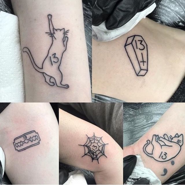 four different tattoos on the legs of people with cats and spider webs around them