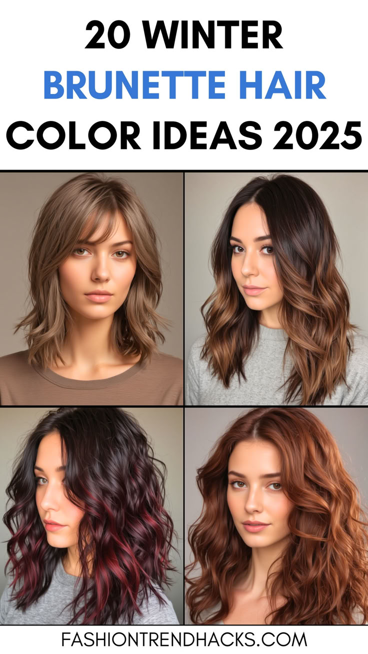 A collage showcasing four women with different brunette hair color styles perfect for winter 2025. The top left features a light ash brown bob, the top right highlights a warm caramel balayage on medium-length hair, the bottom left shows deep brown hair with burgundy highlights, and the bottom right displays long wavy hair in a rich chestnut tone. Winter Color For Brunettes, Popular Hair Colors 2020, Winter Hair Color For Dark Brown Hair, Winter Lowlights Brunettes, Medium Length Winter Hair Color, Short Hair Color Ideas For Brown Skin, All Brown Hair Color Shades, Dark Two Tone Hair, Winter Hair Color For Brown Eyes