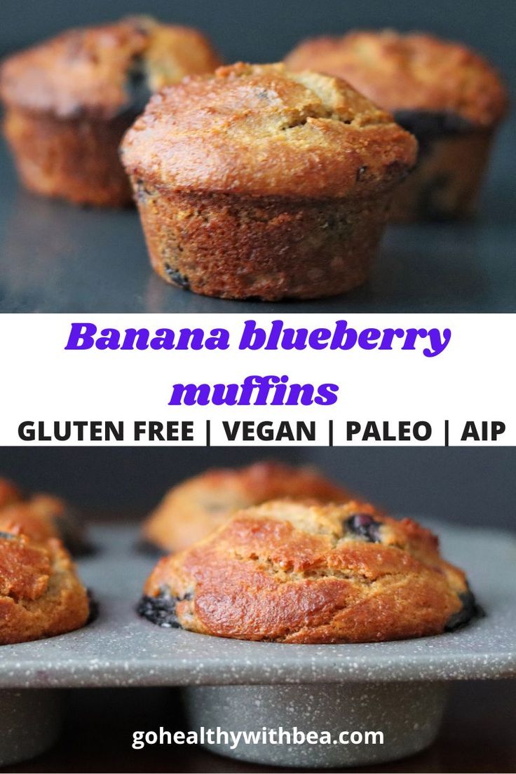 blueberry muffins with text that reads almond flour banana blueberry muffins gluten free vegan pale