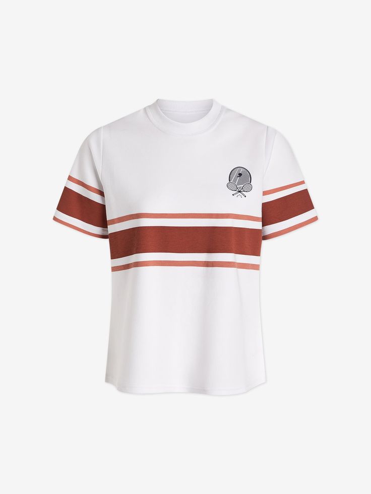 Made from soft Pima Cotton Pique, this crew neck t-shirt boasts a comfortable, relaxed fit, enhanced by the Varley club logo and bold stripes. Effortlessly versatile, pair with shorts or skorts for a chic look. Sporty Summer Tops With Signature Stripes, Casual Crew Neck Tops With Signature Stripes, Striped Athleisure Tops For Sports, Casual Tops With Side Stripes And Relaxed Fit, White Casual Tops With Signature Stripes, Sporty Striped Summer Tops, White Casual Tops With Side Stripes, Sporty Tops With Striped Hem And Relaxed Fit, Relaxed Fit Crew Neck Top With Signature Stripes