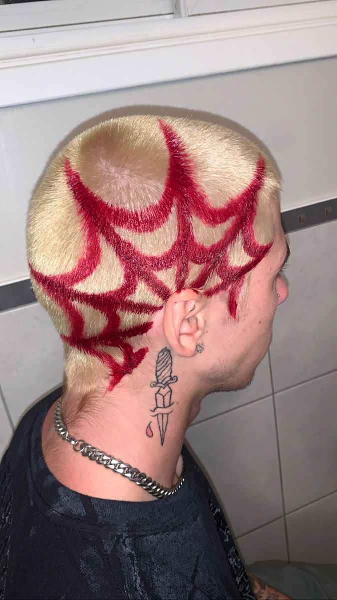 Dyed Hair Designs Shaved Head, Shaves Head Designs, Buzz Colored Hair, Hair Dye Ideas For Buzzcut, Shaved Bleached Hair With Designs, Bleach Head Designs, Buzzed Head Design Men, Buzzed Hair Dye Ideas, Shaved Hair Dyed Designs