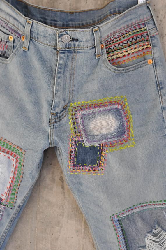 Ready to send:Size 34 ,33,32,31Unique vintage jeans with apcycled patches.One of a kind..Hand made embroidery and unique painting ....---Or----Made to order,  in any size, within 12 working days . If you need different size, please send me a message and I will make you a special and unique design within 12 working days.They are all different! No one will have the same one as you have! Hand painted, one of kind jeans.You pick your size, model (slime- boyfriend- high waist- low waist) and primer c Multicolor Straight Leg Patchwork Pants, Multicolor Straight Leg Pants With Patchwork, Multicolor Patchwork Straight Leg Pants, Multicolor Denim Patchwork Pants, Multicolor Patchwork Denim Pants, Multicolor Patchwork Straight Leg Bottoms, Multicolor Straight Leg Bottoms With Patchwork, Multicolor Denim Pants With Pockets, Multicolor Straight Leg Denim Pants