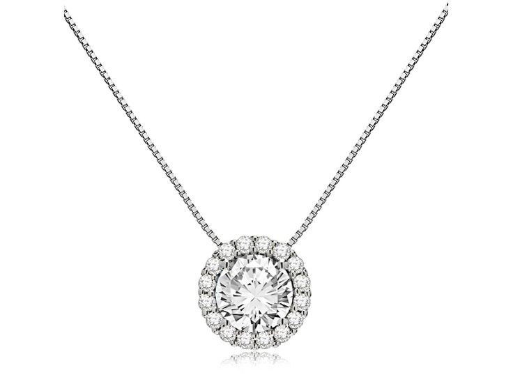 This divine pendant boasts a brilliant Round cut 6.5 mm (1.0 carat) Cubic Zirconia stone (CZ). Creating a halo around the main stone are 16 more 1.5 mm CZs for a total diamond equivalent of 1.24 carats . Our top-grade AAAAA CZ look just like a real diamond that would cost thousands of dollars. Professionally mounted in a heavy basket setting, this radiant pendant dangles from a 16-inch box link chain with a springring clasp. All are crafted in solid 14K White or Yellow Gold, with no other metals Diamond Necklace With Center Stone As A Gift, White Gold Necklace With Center Round Stone, White Gold Necklace With Center Stone, Cubic Zirconia Round Cut Necklace With Center Stone, Fine Jewelry Diamond Necklace With Center Stone As Gift, White Gold Diamond Necklace With Center Stone As Gift, Fine Jewelry Necklace With Round Center Stone, Gift Diamond Necklace With Round Cut Center Stone, Moissanite Necklace With Center Stone As Gift