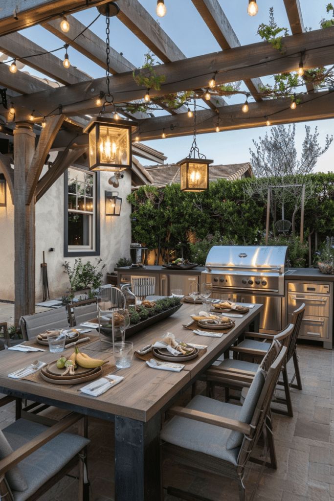 an outdoor kitchen and dining area is lit up at night with lights strung from the ceiling