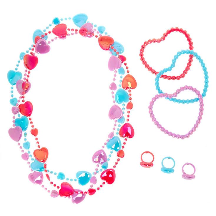 Claire's Club Heart Jewelry Set - 9 Pack, Playful Plastic Jewelry For Gifts, Playful Plastic Jewelry Gift, Playful Plastic Jewelry As Gift, Cute Plastic Jewelry For Gifts, Trendy Pink Jewelry For Birthday, Multicolor Party Necklaces For Valentine's Day, Pink Heart Beads Jewelry For Party, Pink Jewelry Sets For Valentine's Day, Playful Pink Party Jewelry