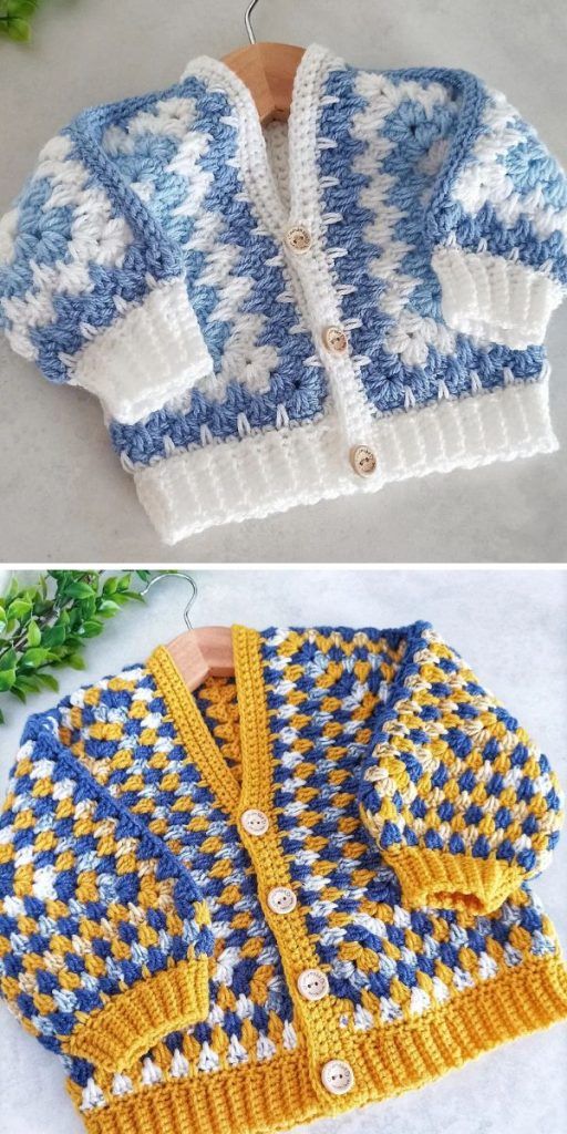 crocheted sweaters are shown in two different colors and sizes, one is blue and the other is yellow