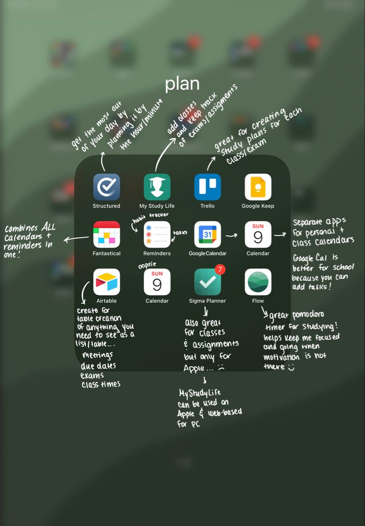 an iphone screen with the text plan on it and icons in red, green, blue and white