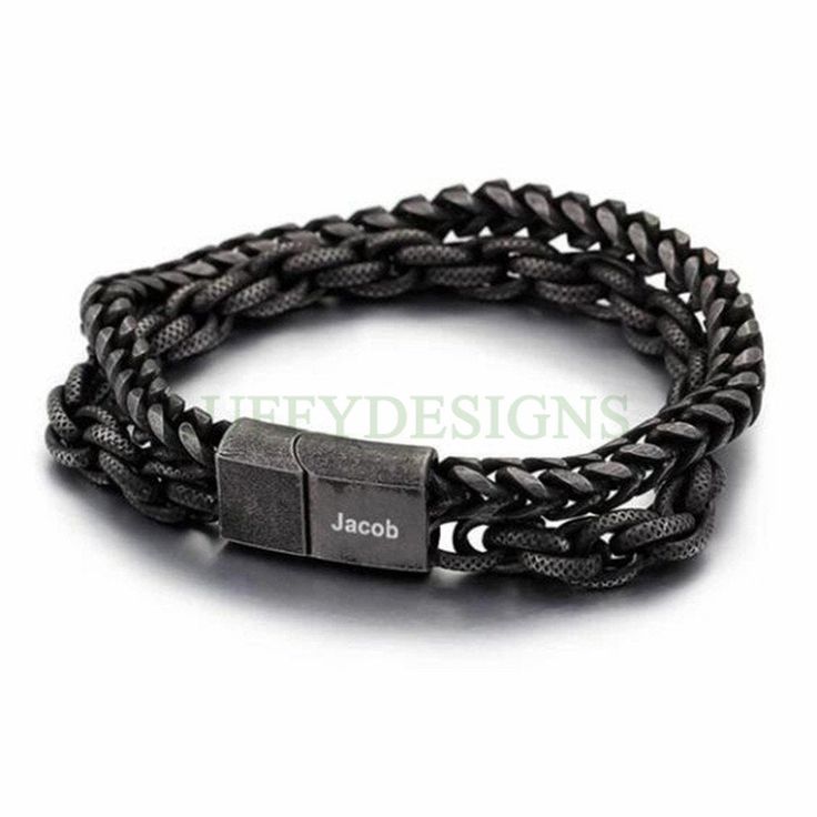 "Personalized Punk Bracelet, Custom Name Bracelet, Men's Rock Bracelet, Christmas Gift For Men, Men's Motorcycle Bracelet, Father's Day Gift -Details Inner Diameter: 2.8\", about 7.0cm Bracelet Length: 8.7\", about 22cm Thickness: 13mm Buckle Size: 24mm Material: 316L stainless steel Color: Steel Color, Black (Will not easy to fade or tarnish) Custom time: 5-7 days Please provide the text or symbol and FONT that you want to customize, add it to the \"notes to seller\" section on the checkout scr Black Punk Chain Bracelet As A Gift, Black Punk Style Chain Bracelet As Gift, Black Punk Style Chain Bracelet For Gift, Punk Style Black Chain Bracelet Gift, Black Metal Cuban Link Bracelet As A Gift, Personalized Black Metal Charm Bracelet, Biker Chain, Motorcycle Chain, Medical Bracelet