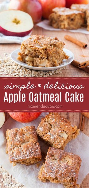 apple oatmeal cake on a plate with apples and cinnamon sticks in the background