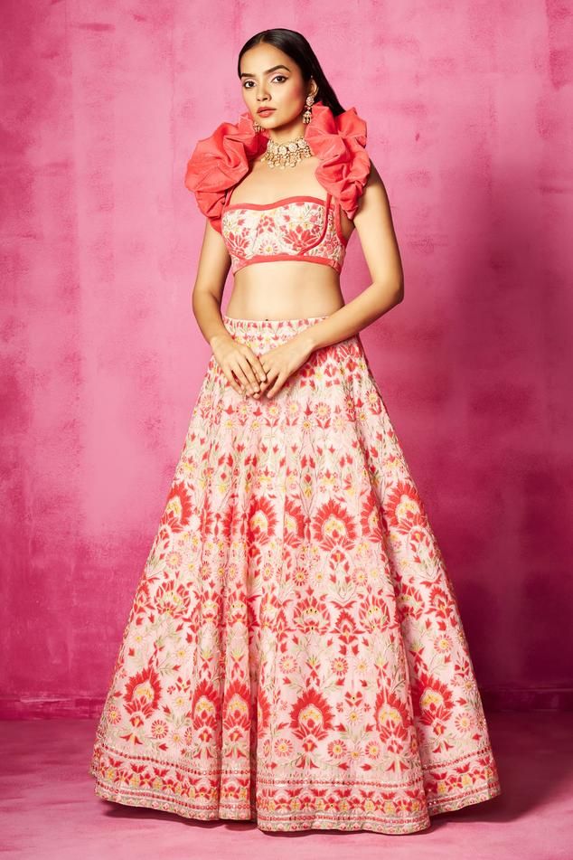 Light pink organza lehenga with an attached cancan and velvet patchwork, thread and mirror embroidery. Comes with a padded blouse and a velvet draped shrug.
Components: 3
Pattern: Embroidered
Type Of Work: Velvet patchwork, Thread, Mirror
Neckline: Sweetheart
Sleeve Type: Sleeveless
Fabric: Organza, Shrug: Velvet
Color: Pink
Other Details: 
Closure:
Lehenga: Side zip and Drawstrings
Blouse: Back hooks
Note: Jewellery worn by the model is not for sale.
Occasion: Destination Wedding - Aza Fashions Pink Pre-draped Saree With Intricate Embroidery For Navratri, Pink Organza Sets For Festivals, Pink Chanderi Pre-draped Saree With Intricate Embroidery, Pink Anarkali Pre-draped Saree With Intricate Embroidery, Pink Chanderi Lehenga For Party, Pink Organza Lehenga For Navratri, Pink Tissue Silk Choli With Intricate Embroidery, Pink Organza Sets For Navratri, Pink Embroidered Floor-length Pre-draped Saree