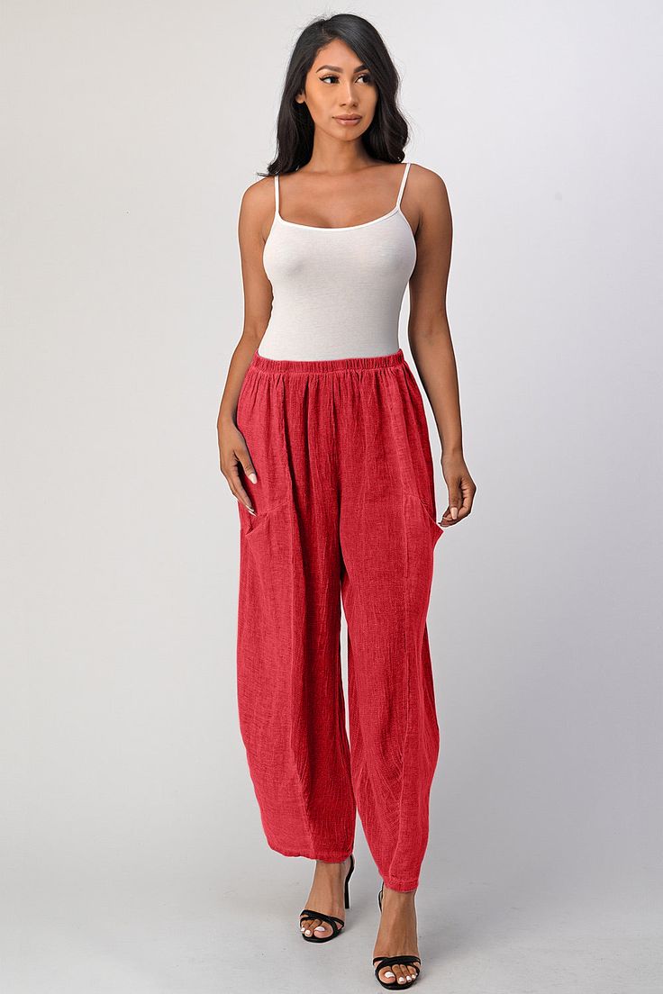 Straight Cotton Linen Pants With Pockets Bottom Raw Moda One Size Red Red Cotton Ankle-length Harem Pants, Red Ankle-length Cotton Harem Pants, Red Non-stretch Wide Leg Pants With Pockets, Red Non-stretch Spring Harem Pants, Red Loosely Fitted Cotton Harem Pants, Baggy Red Full-length Cargo Pants, Red Baggy Full-length Cargo Pants, Baggy Red Harem Pants With Pockets, Red Baggy Harem Pants With Pockets