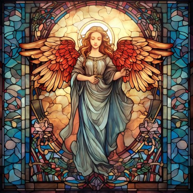 a stained glass window with an angel on it