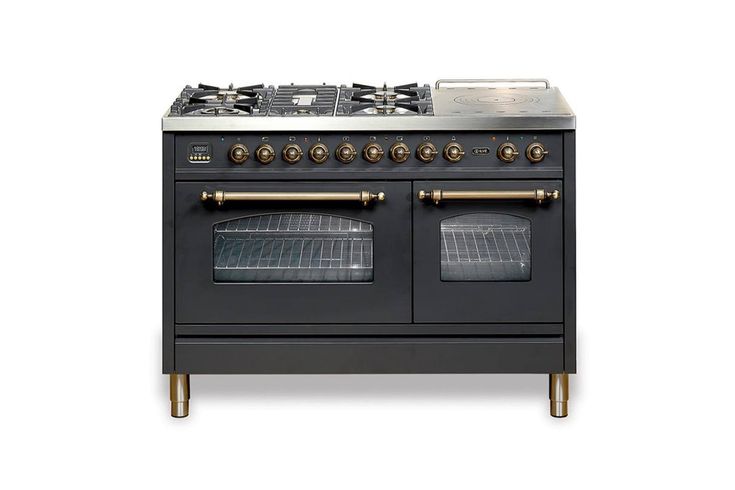 a black stove top oven with two burners and one oven door open, in front of a white background