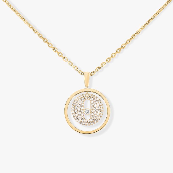 Worn to accentuate a neckline with a touch of elegance or layered with another diamond necklace for an on-trend look, the Lucky Move medallion pendant with pavé diamonds is the new timeless diamond jewel by Messika. Set with diamonds, this yellow gold diamond necklace reimagines the famous Move motif with pure elegance. You’ll love its chain, which has a sliding system that makes it possible to adjust the diamond necklace to the length of your choice. You'll love this yellow gold diamond necklac Formal Diamond Necklace With Detachable Round Pendant, Modern Diamond White Diamond Necklaces, Luxury Diamond Necklaces With Single Cut Diamonds, Modern Diamond White Necklaces With Diamond Accents, Luxury Timeless Diamond Pendant Necklace, Timeless Luxury Diamond Pendant Necklace, Modern Diamond Round Pendant Necklace, Yellow Gold Necklaces With Detachable Cubic Zirconia Pendant, Yellow Gold Necklace With Detachable Cubic Zirconia Pendant