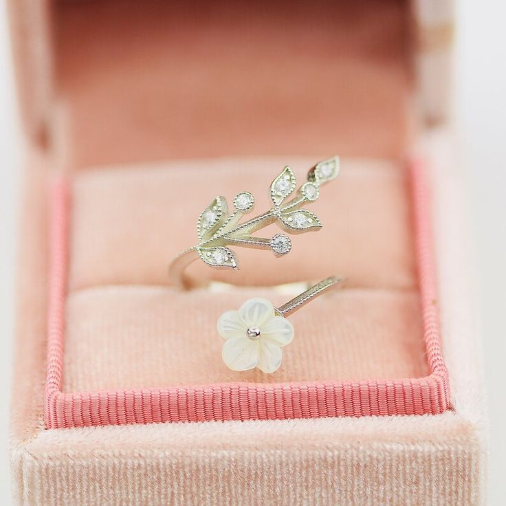 Magnolia Flower & Olive Leaf Branch Ring Floral Design | Etsy Delicate Flower-shaped Rings As Gifts, Adjustable Flower Crystal Ring, Adjustable Delicate Flower Promise Ring, Delicate Flower Ring For Anniversary, Delicate Flower Stackable Rings For Anniversary, Dainty Open Flower Ring For Promise, Dainty Open Flower Promise Ring, Adjustable Flower Crystal Ring Gift, Adjustable Flower Crystal Ring For Gift