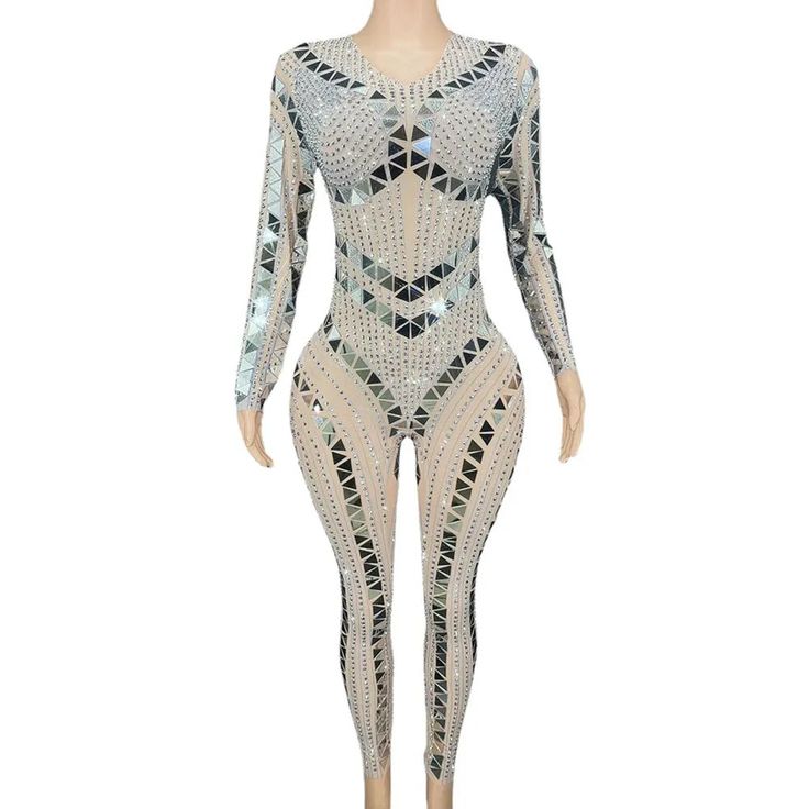 Elevate your stage presence with our exquisite Handmade Sparkly Rhinestones Sequins Jumpsuit! This captivating garment is the perfect choice for women looking to make a glamorous statement at any special occasion. from celebrating birthdays to lighting up the dance floor.Crafted with a blend of high-quality Polyester and Spandex. this jumpsuit ensures both comfort and flexibility. allowing you to move with grace and confidence. Its intricate design is an ode to Folk Dance. showcasing the fusion Glamorous Stretch Bodysuit For Party, Glamorous Bodysuit For Evening Party Season, Glamorous Evening Bodysuit, Glamorous Embellished Bodysuit For Evening, Glamorous Embellished Evening Bodysuit, Glamorous Rhinestone Bodysuit For Night Out, Glamorous Fitted Rhinestone Jumpsuits And Rompers, Glamorous Fitted Jumpsuits And Rompers With Rhinestones, Embellished Long Sleeve Bodysuit For Party