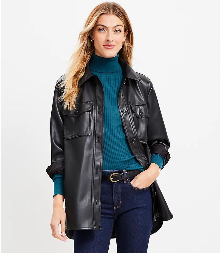 Melissa's Picks | Loft Classic Fashion Looks, Leather Shirt Jacket, Faux Leather Shirt, Easy Shape, Rock Chic, Leather Shirt, Faux Leather Jacket, New Tops, Faux Leather Jackets