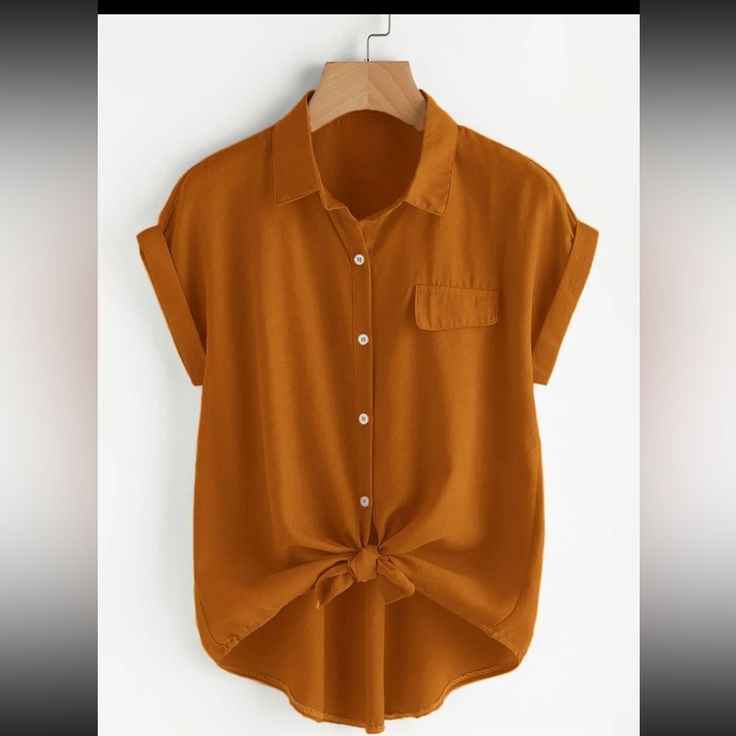 Color: Ginger Casual Plain Short Sleeve Roll Up Sleeve Regular Non Stretch Fabric Chiffon Tops Blouses Classy, January Outfit, Dip Hem Blouse, Corporate Shirts, Chiffon Blouses, High Low Shirt, Afrikaanse Mode, High Low Blouse, Casual Shirt Women