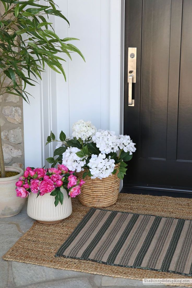 some flowers are sitting on the mat in front of a door with a potted plant next to it