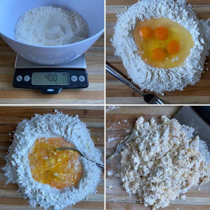 four pictures showing how to make bread with eggs and flour on a scale, then using an egg beater