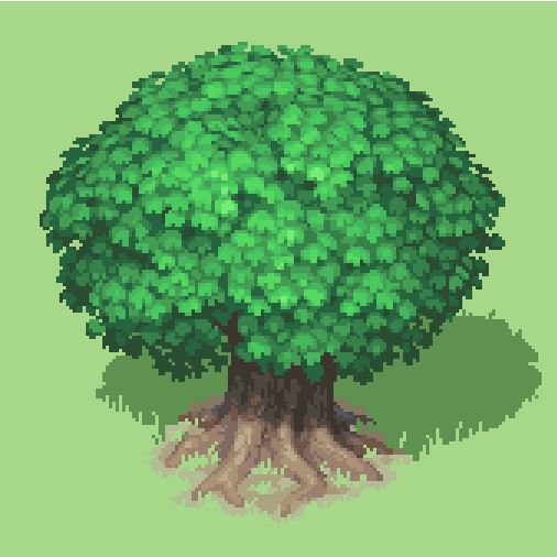 a pixel art style tree with roots and green leaves on it's trunk, in front of a light green background