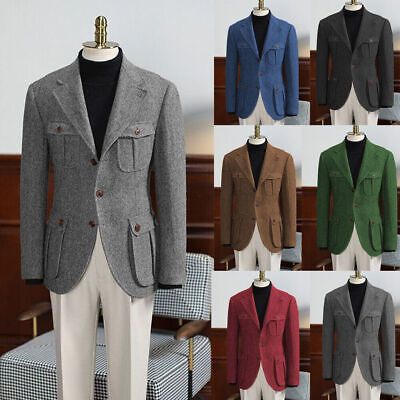 Men's Grey Tweed Suits Herringbone Safari Jackets Causal Vintage Formal Tuxedos | eBay Elegant Tweed Sport Coat With Pockets, Long Sleeve Tweed Blazer For Semi-formal Occasions, Tweed Long Sleeve Blazer For Semi-formal Occasions, Semi-formal Long Sleeve Tweed Blazer, Tweed Outerwear With Herringbone Pattern And Suit Collar, Semi-formal Tweed Jacket With Pockets, Semi-formal Fall Herringbone Suit, Tailored Long Sleeve Tweed Blazer, Semi-formal Tweed Blazer With Pockets