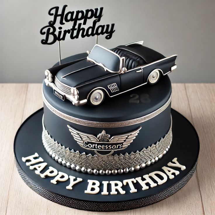 a birthday cake with a black car and happy birthday topper on the bottom layer