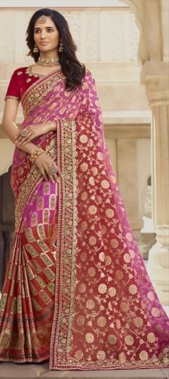 Pink and Majenta, Red and Maroon color Saree in Georgette fabric with Border, Embroidered, Printed, Thread, Zari work Peach Saree, Party Sarees, Half Sleeve Blouse, Half And Half, Gowns For Girls, Zari Work, Purple Silk, Georgette Fabric, Traditional Sarees