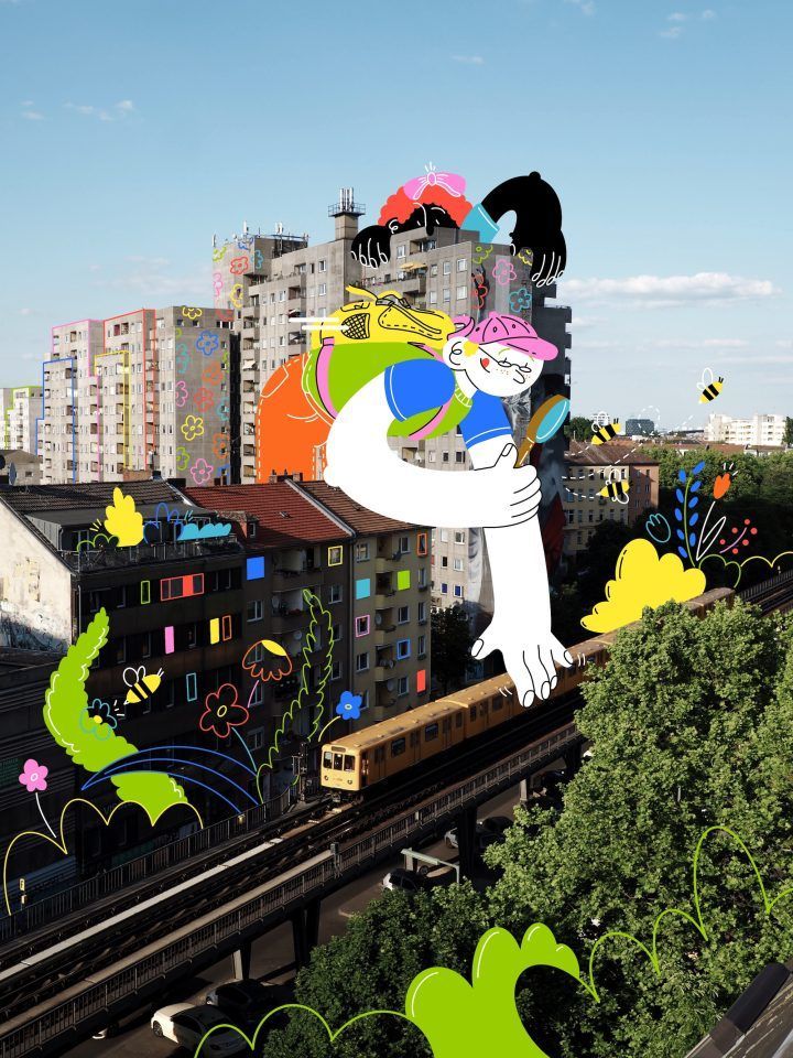 an animated image of a woman on top of a building with buildings in the background